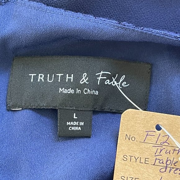 Truth & Fable Chiffon Lace Midi Dress L Cutout Waist Keyhole Back Fit Flare Navy - Picture 9 of 12